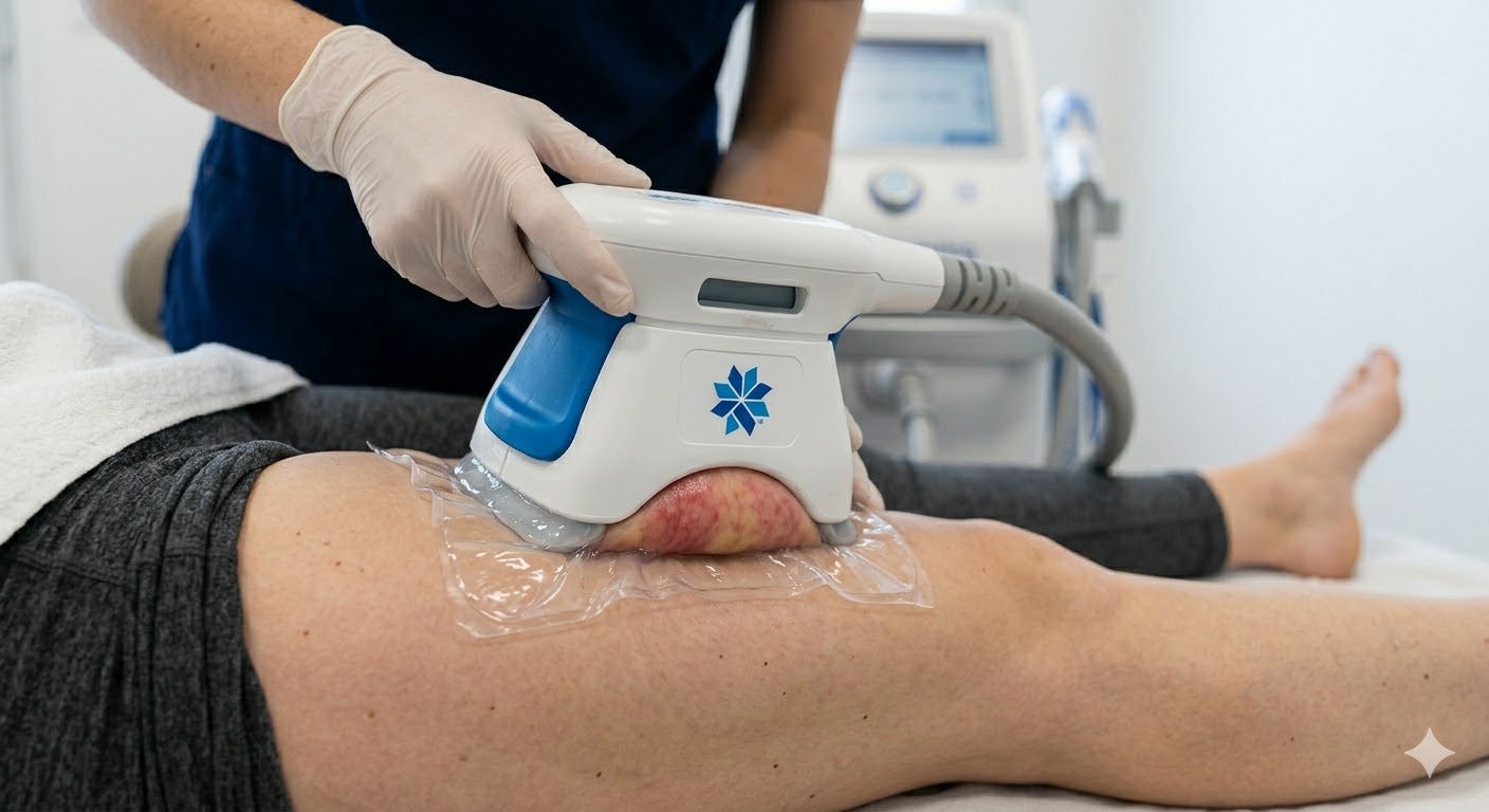 Gros plan sur l'applicateur d'une machine de cryolipolyse en action sur la cuisse d'une personne, montrant l'aspiration du pli graisseux.